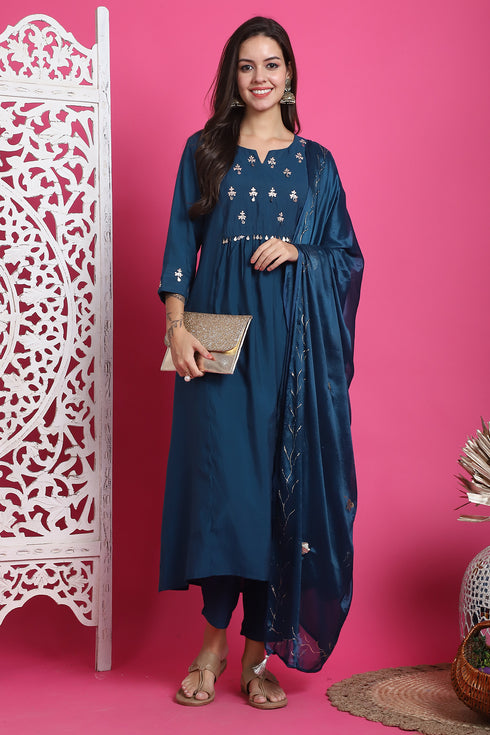 Teal Blue Poly Silk Embroidered Anarkali Kurta & Pant With Dupatta