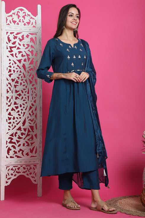 Teal Blue Poly Silk Embroidered Anarkali Kurta & Pant With Dupatta