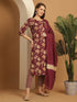 Wine & Beige Pure Cotton Embroidered Straight Kurta & Pant With Dupatta