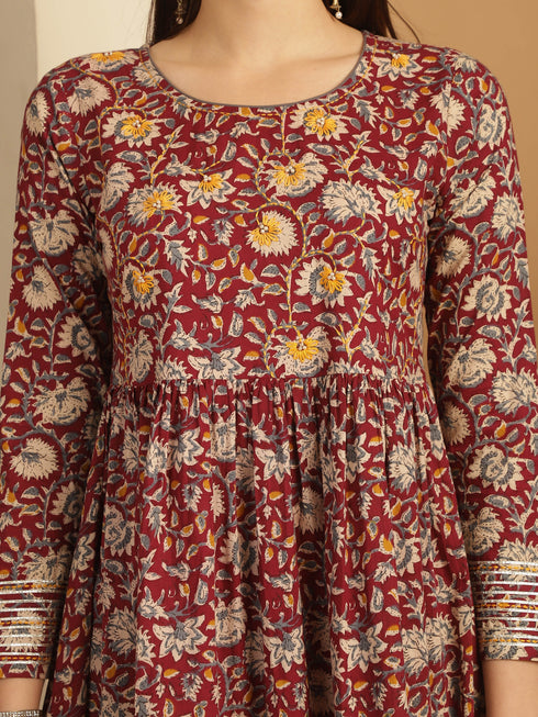 Maroon Pure Cotton Embroidered Anarkali Kurta & Pant With Dupatta