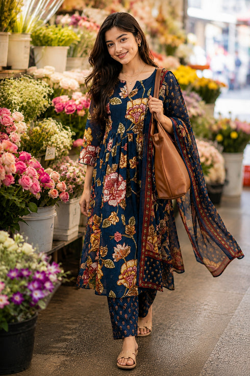 Blue Cotton Floral Printed Kurta & Pant With Dupatta