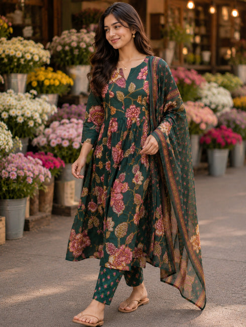 Green Cotton Floral Printed Kurta & Pant With Dupatta