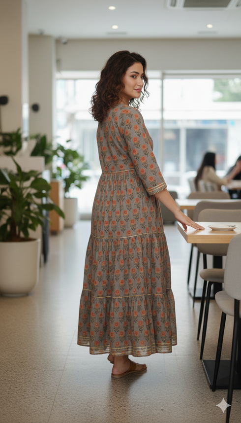 Grey And Orange Pure Cambric Cotton Jaipuri Floral Printed Kurti