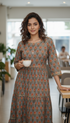 Grey And Orange Pure Cambric Cotton Jaipuri Floral Printed Kurti