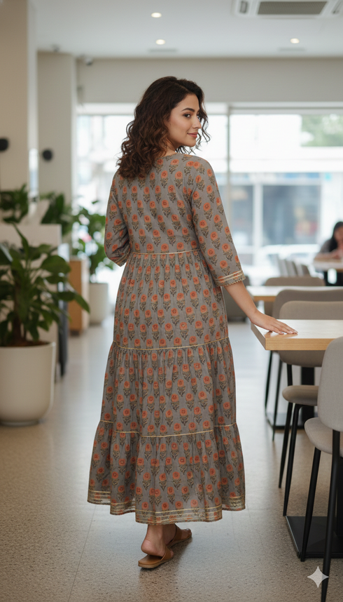 Grey And Orange Pure Cambric Cotton Jaipuri Floral Printed Kurti