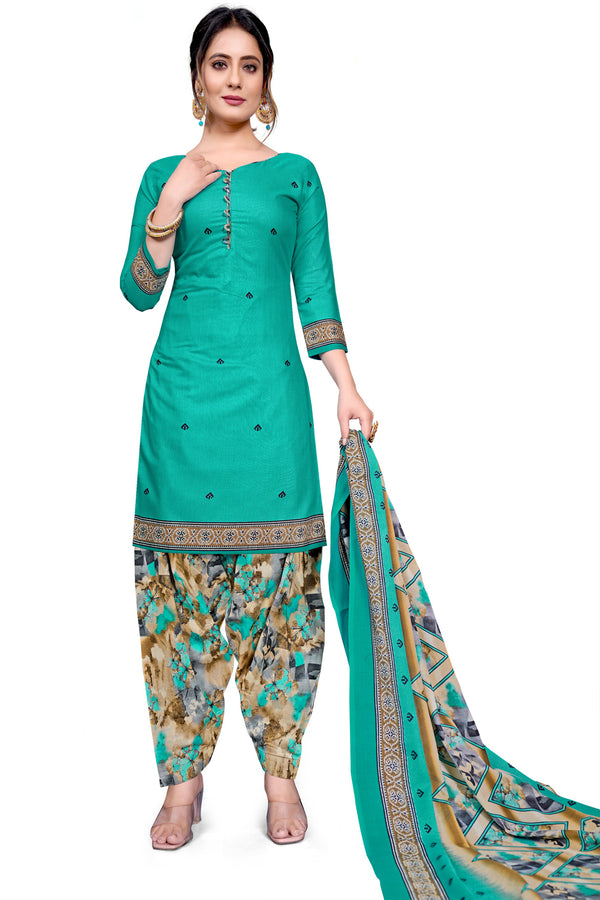Sea Green Cotton Blend Printed Unstitched Salwar Suit Material