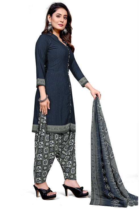 Navy Blue Cotton Blend Printed Unstitched Salwar Suit Material