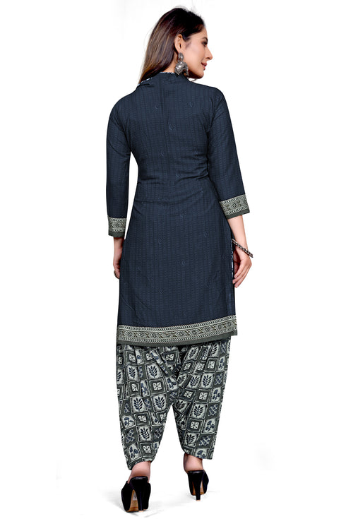 Navy Blue Cotton Blend Printed Unstitched Salwar Suit Material