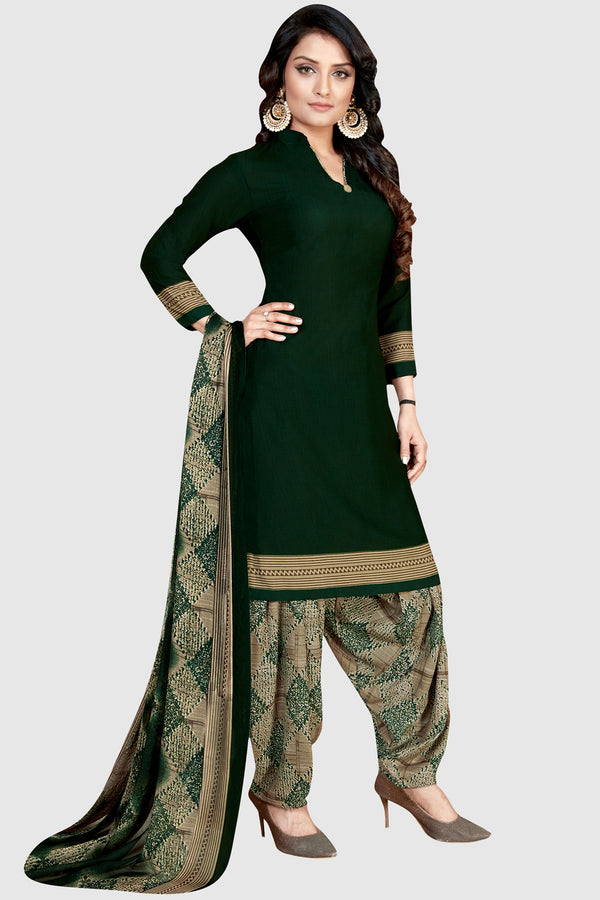 Dark Green Crepe Printed Unstitched Salwar Suit Material