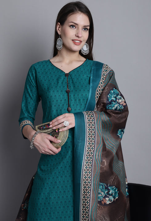 Green Polyester Cotton Printed Salwar Suit with Dupatta