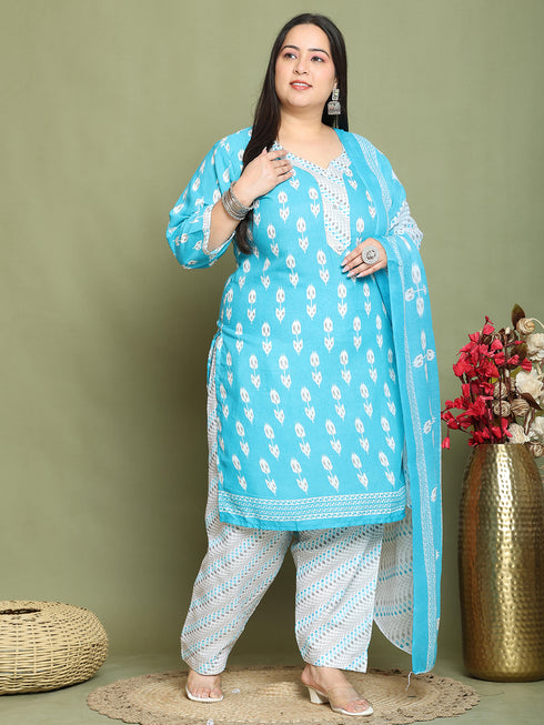 Teal Cotton Blend Printed Ready to Wear Patiala Salwar Suit