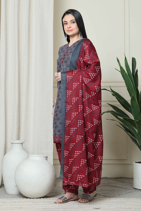 Grey Polyester Cotton Printed Salwar Suit with Dupatta