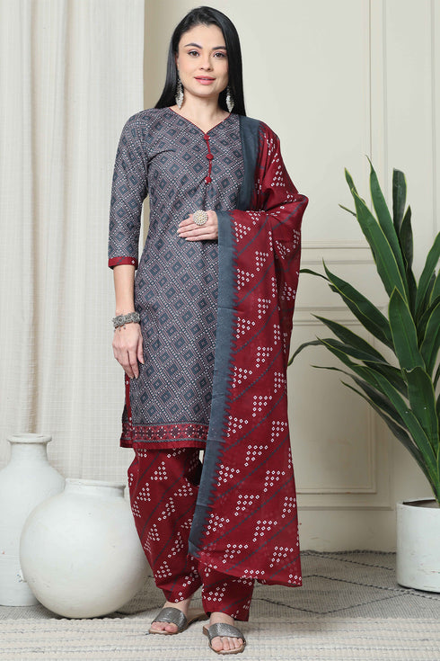 Grey Polyester Cotton Printed Salwar Suit with Dupatta