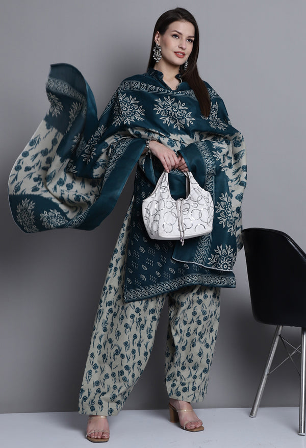 Green Polyester Cotton Printed Salwar Suit with Dupatta