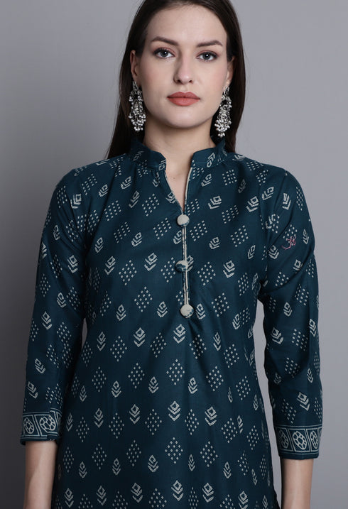 Green Polyester Cotton Printed Salwar Suit with Dupatta