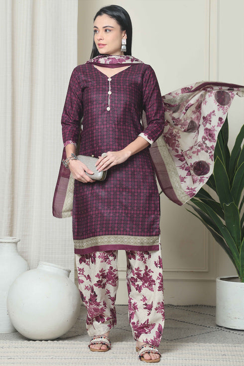 Wine Polyester Cotton Printed Salwar Suit with Dupatta