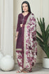 Wine Polyester Cotton Printed Salwar Suit with Dupatta