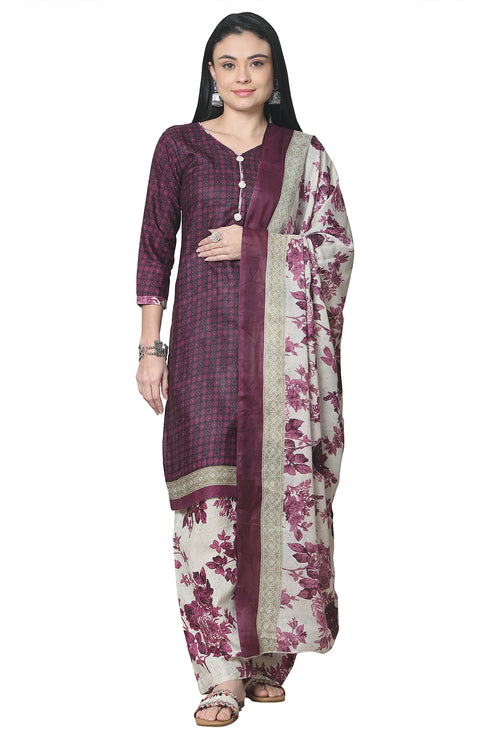 Wine Polyester Cotton Printed Salwar Suit with Dupatta