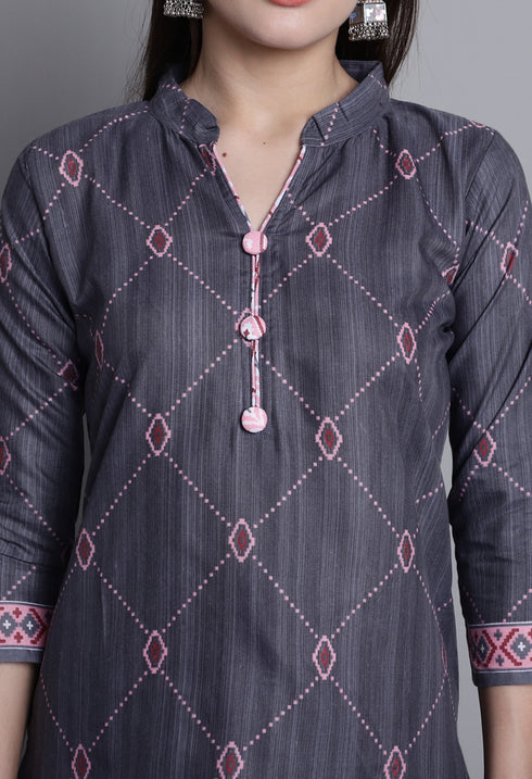 Grey Polyester Cotton Printed Salwar Suit with Dupatta