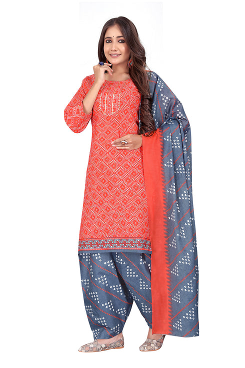 Orange Cotton Blend Printed Ready to Wear Patiala Salwar Suit