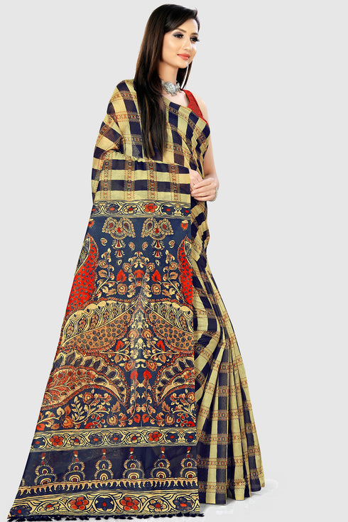 Beige And Black Cotton Silk Printed Traditional Saree With Blouse Piece