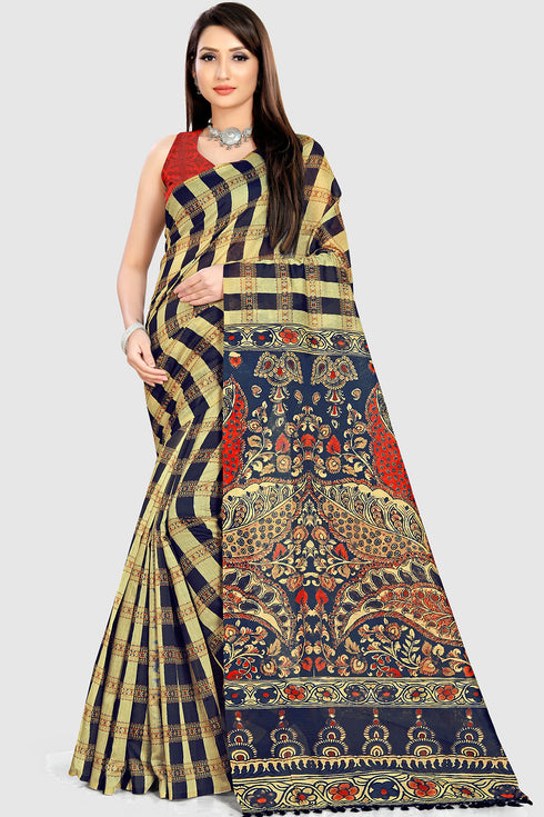 Beige And Black Cotton Silk Printed Traditional Saree With Blouse Piece