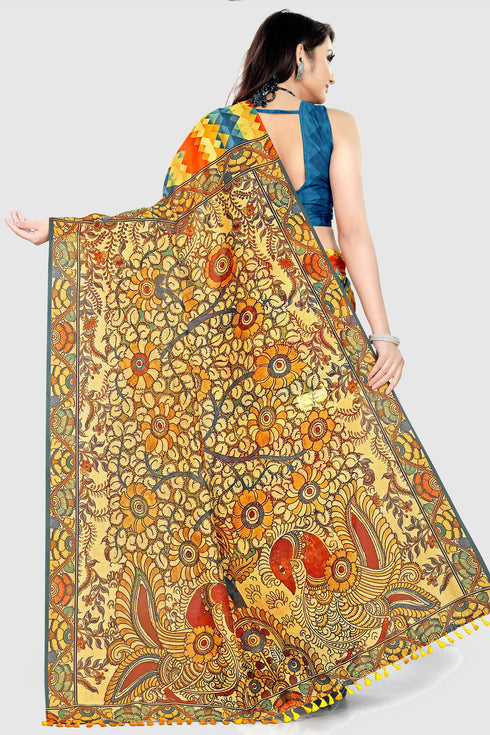 Multicolor Cotton Silk Printed Traditional Saree With Blouse Piece
