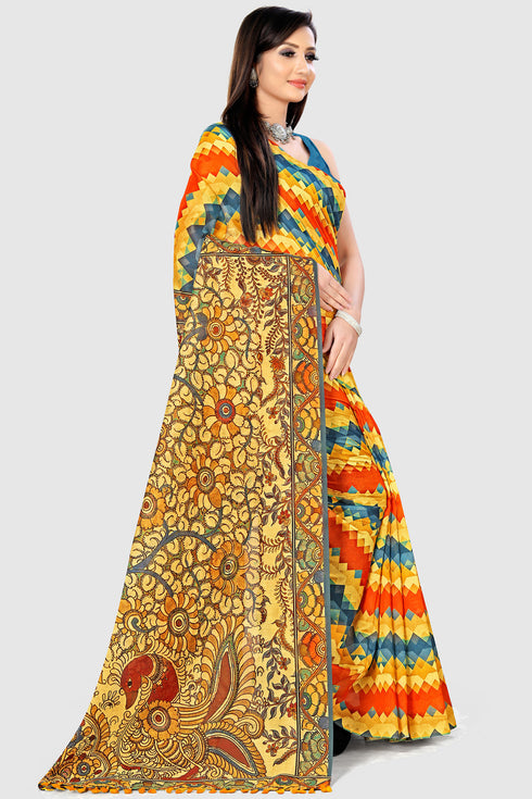 Multicolor Cotton Silk Printed Traditional Saree With Blouse Piece