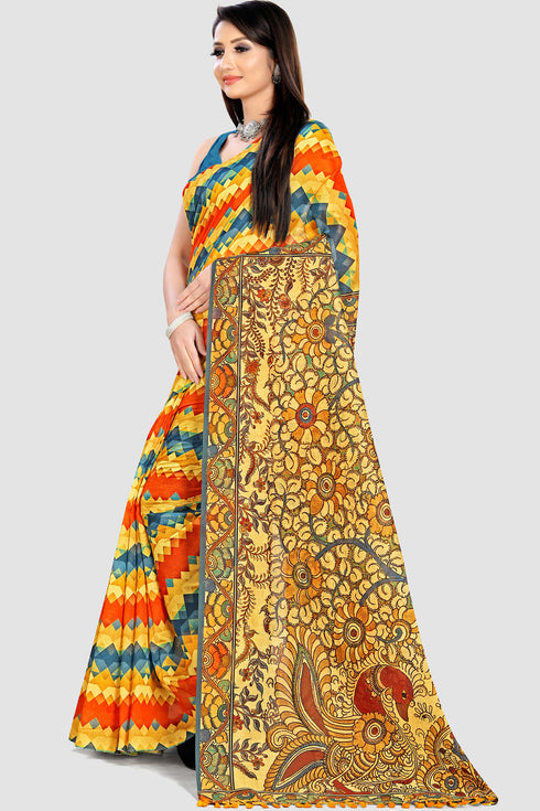 Multicolor Cotton Silk Printed Traditional Saree With Blouse Piece