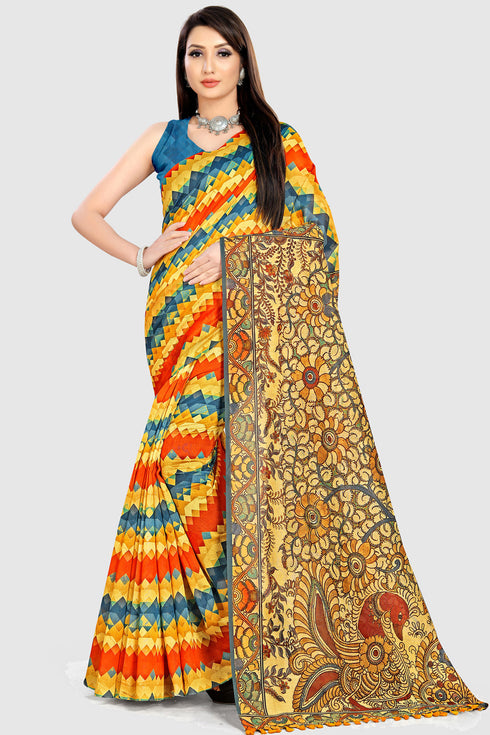 Multicolor Cotton Silk Printed Traditional Saree With Blouse Piece
