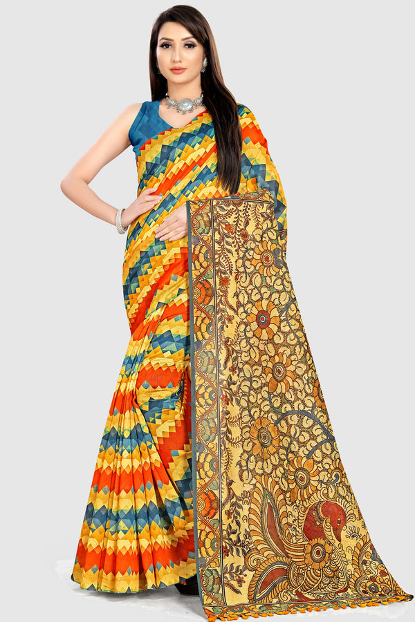 Multicolor Cotton Silk Printed Traditional Saree With Blouse Piece