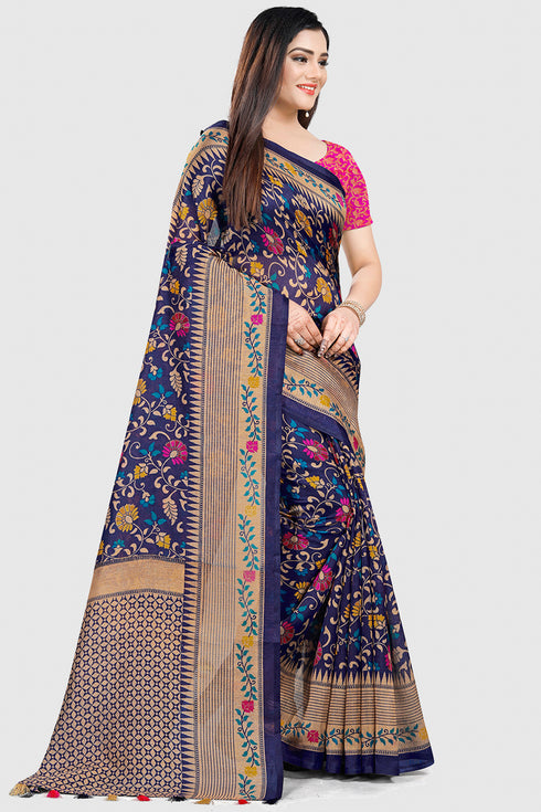 Blue Tussar Silk Printed Traditional Saree With Blouse Piece