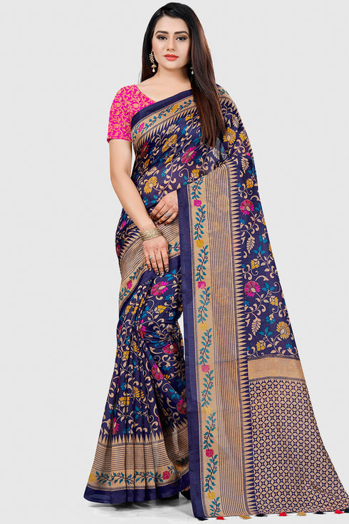 Blue Tussar Silk Printed Traditional Saree With Blouse Piece