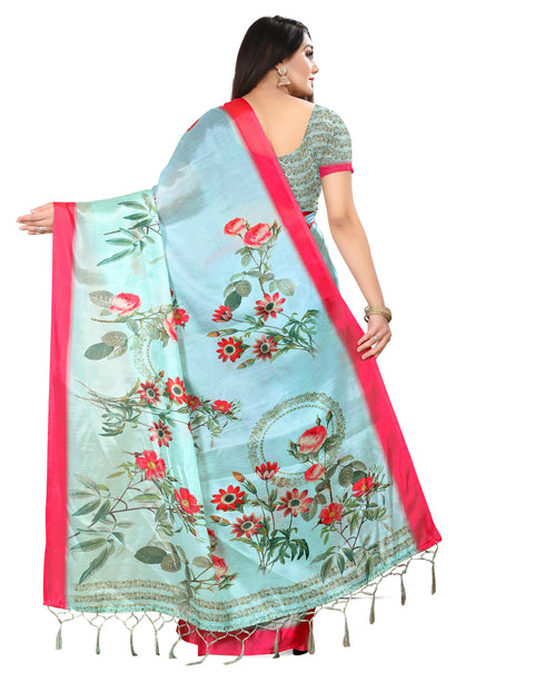 Turquoise Cotton Silk Printed Traditional Saree With Blouse Piece
