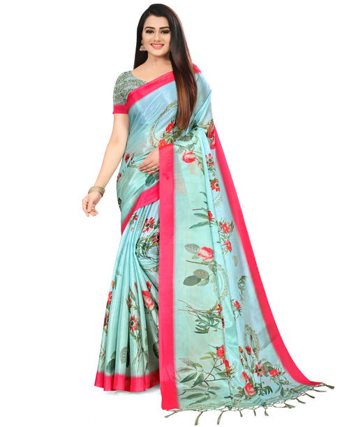 Turquoise Cotton Silk Printed Traditional Saree With Blouse Piece