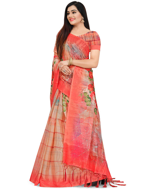 Peach Cotton Silk Printed Traditional Saree With Blouse Piece