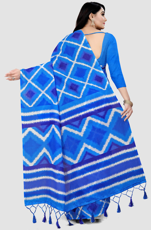 Blue Kota Doria Cotton Printed Traditional Saree With Blouse Piece