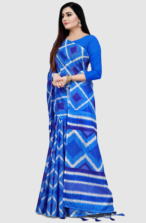 Blue Kota Doria Cotton Printed Traditional Saree With Blouse Piece