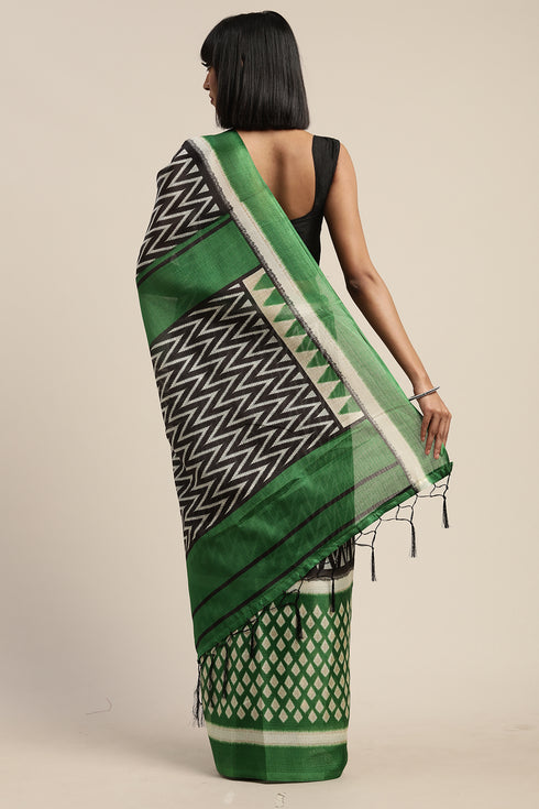 Green And Black Silk Printed Traditional Saree With Blouse Piece
