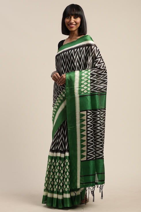 Green And Black Silk Printed Traditional Saree With Blouse Piece