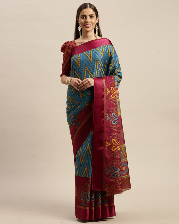 Sku Blue And Wine Kota Silk Jamdani Printed Traditional Saree With Blouse Piece