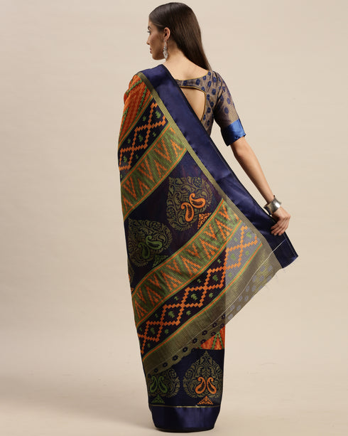 Orange And Royal Blue Kota Silk Jamdani Printed Traditional Saree With Blouse Piece