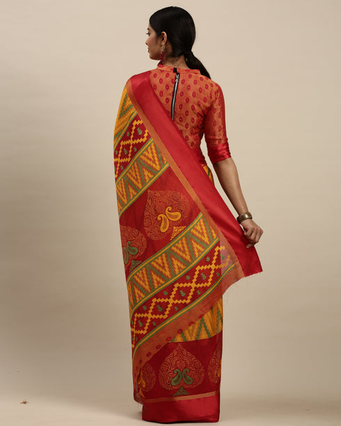 Yellow And Red Kota Silk Jamdani Printed Traditional Saree With Blouse Piece
