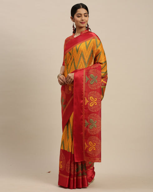 Yellow And Red Kota Silk Jamdani Printed Traditional Saree With Blouse Piece