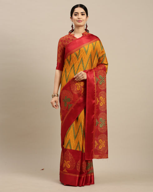Yellow And Red Kota Silk Jamdani Printed Traditional Saree With Blouse Piece