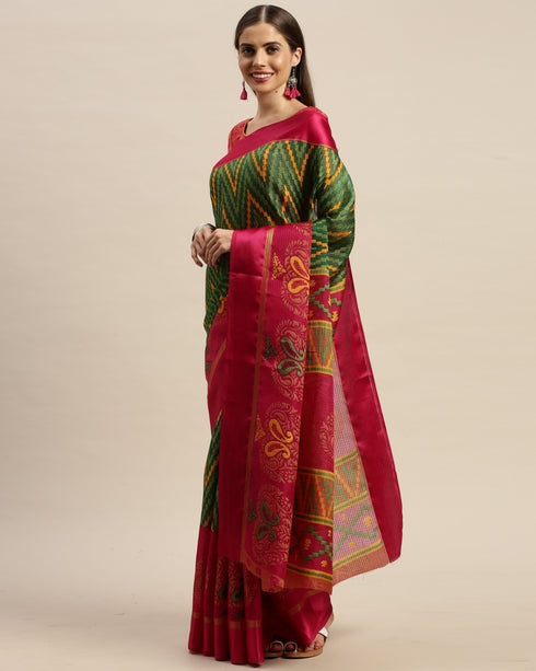 Green And Magenta Kota Silk Jamdani Printed Traditional Saree With Blouse Piece