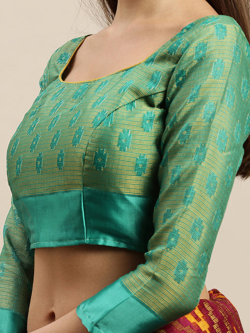 Wine And Green Kota Silk Jamdani Printed Traditional Saree With Blouse Piece
