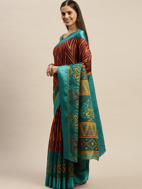 Wine And Green Kota Silk Jamdani Printed Traditional Saree With Blouse Piece