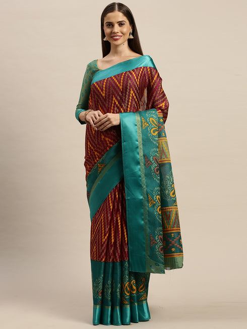 Wine And Green Kota Silk Jamdani Printed Traditional Saree With Blouse Piece