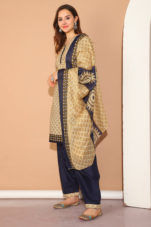 Beige Cotton Printed Ready to Wear Salwar Suit